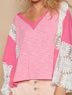 POL Pink and White Long Sleeved Lace Detail Top